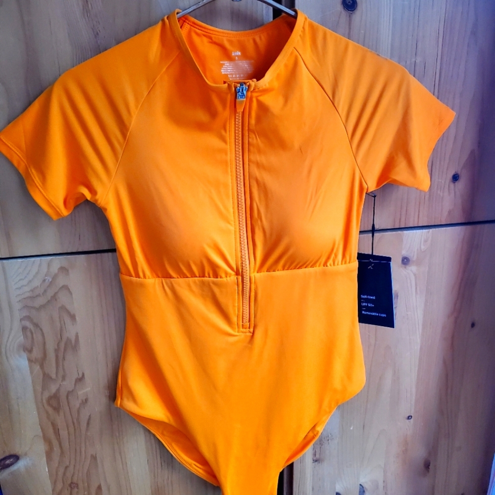 knix Bright Orange Short Sleeve Zip Front One-Piece Swimsuit